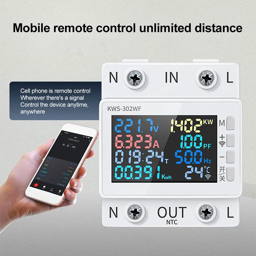 AC170V~300V 63A Voltage Ammeter High-precision LED Display Electric Energy Meter Wifi Mobilephone App Remote Control