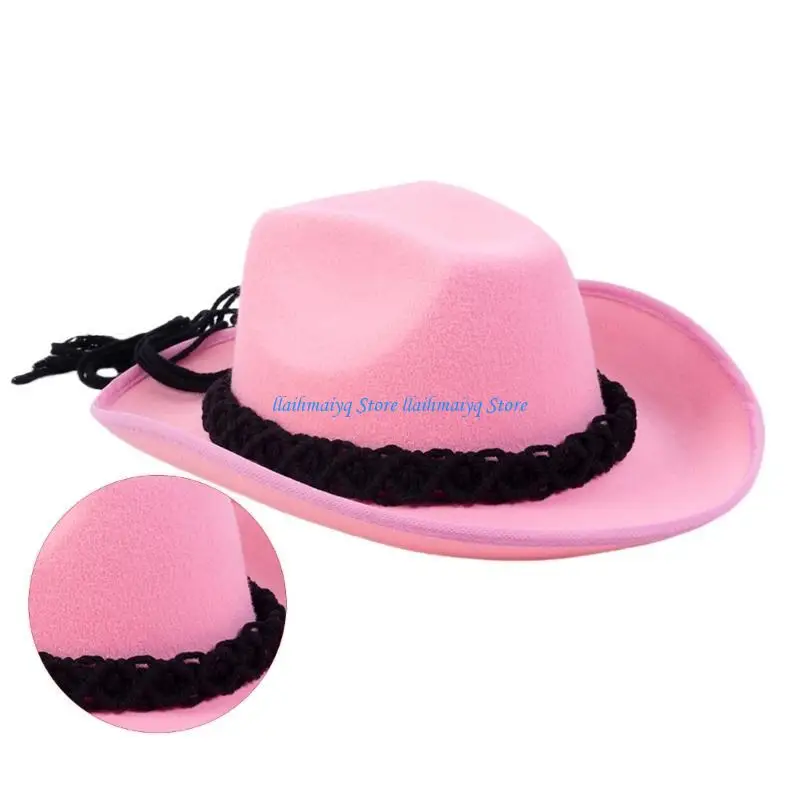 

573B Ethnic Cowboy Hats with Chin Rope Western Party Large Rolled Brims Hat Fedoras Felt Cowboy Cowgirl Sunproof Hat