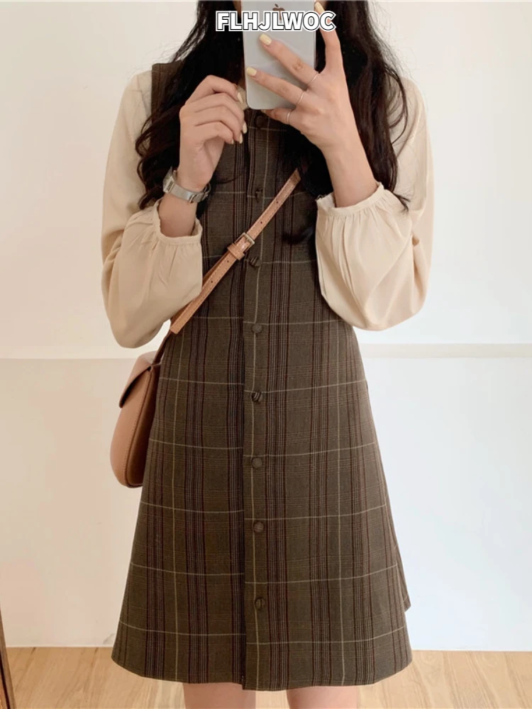 

Hot Sales Japan Girls Outfits Date Autumn Spring 2022 A Line Cute Sweet Retro Vintage Cute Korean Chic Women Plaid Shirt Dress