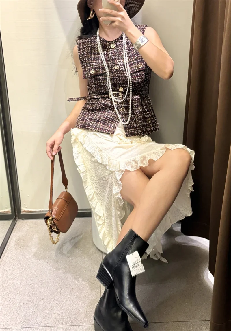 سترة نسائية جديدة برقبة دائرية، بدون أكمام بأزرار مع حزام، سترة خريفية غير رسمية