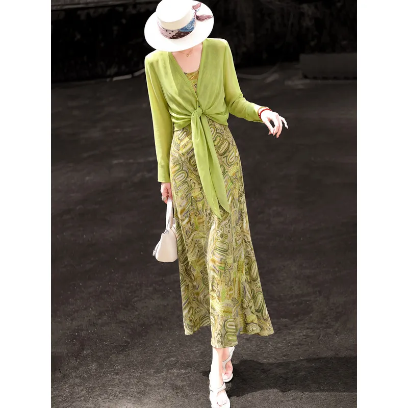 MEXCOCO Spring Summer New Arrival Elegant French Style Thin Sun‑Protection Cardigan & Printed Cami Dress 2‑Piece Outfit Set