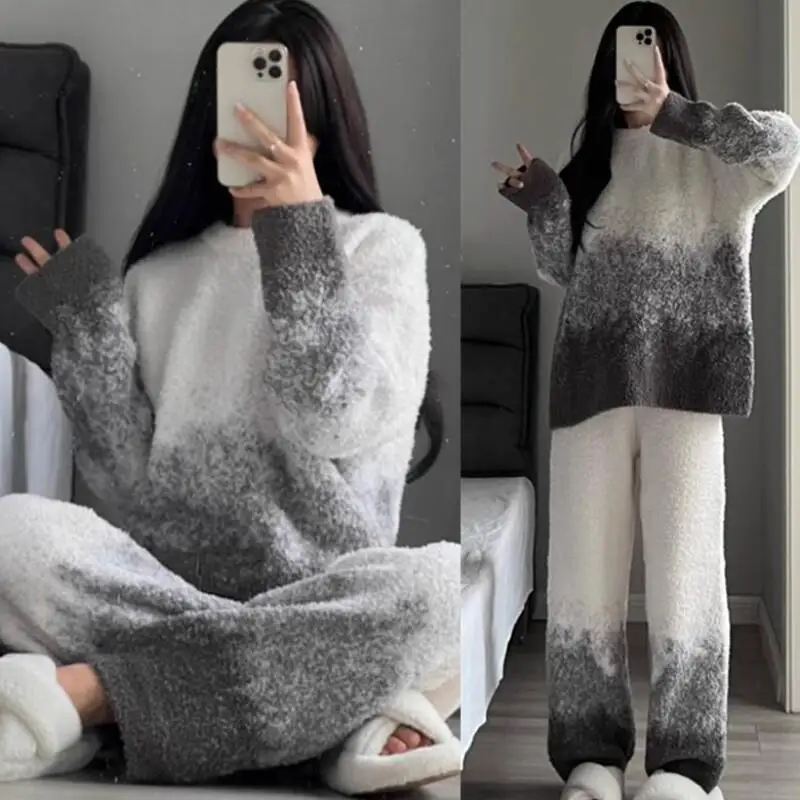 플러시 코랄 플리스 여성 파자마 세트 여성용 따뜻한 겨울 파자마 패셔너블 홈웨어 파자마 귀엽고 부드러운 파자마 세트