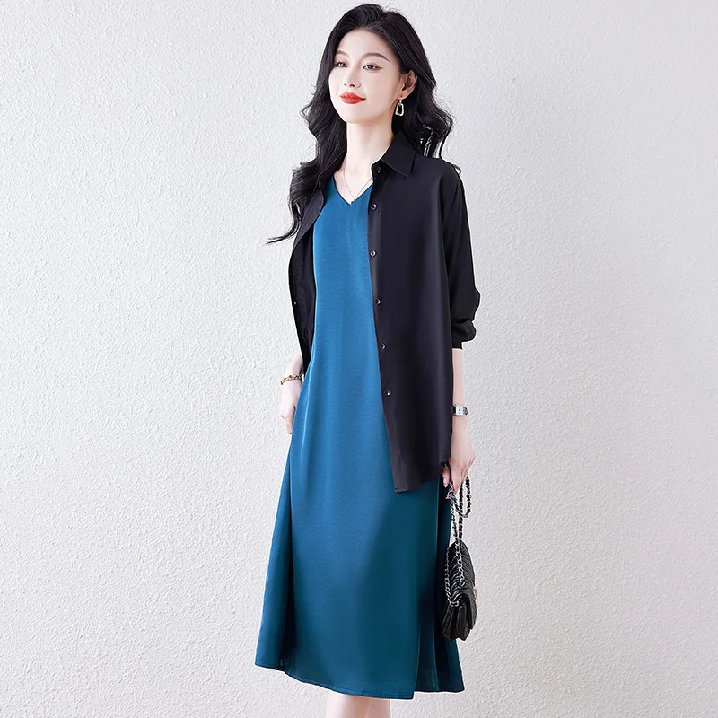 2025 Donne eleganti vestono sexy scollo a V senza maniche coreano allentato raso partito lungo abito nero casual abito a canotta Vestido Mujer