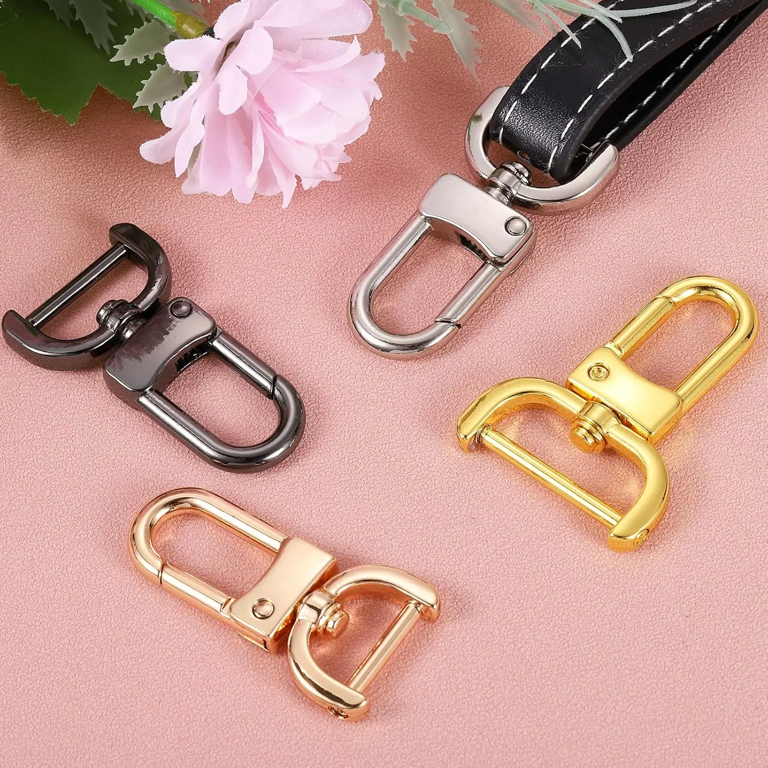 2 Stück abnehmbare Karabinerhaken, drehbare D-Ringe, Karabinerhaken mit Schraubstange für Schlüsselanhänger, Schlüsselband, Handtaschenschnalle – Detail 4