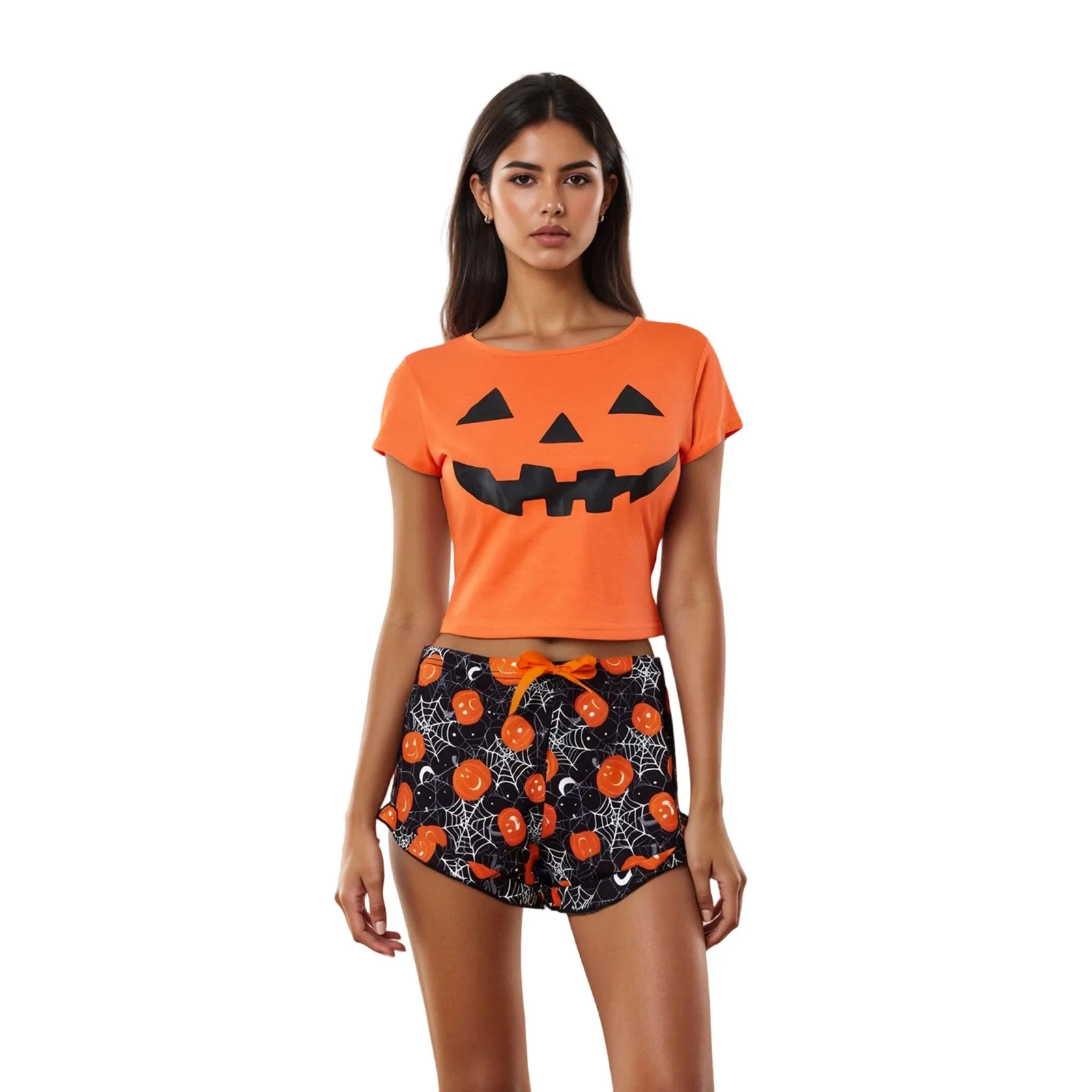 

Женский пижамный комплект на Хэллоуин, футболка с короткими рукавами и гримаса, шорты с принтом тыквы, одежда для сна, домашняя одежда