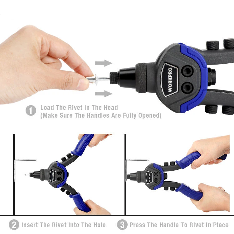 Pistole per dadi per rivetti per rivetti a mano da 10 "/254 mm Pistola per rivetti per carichi pesanti Rivetti da 100 pezzi inclusi con 5 nasi sostituibili