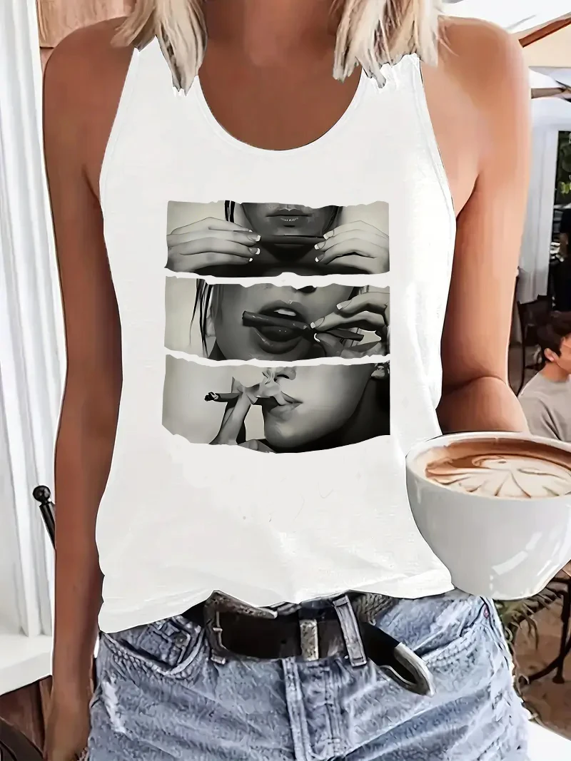 Hip Hop 90er Streetwear-Print, Vintage-bedruckte Weste, grafisches Tank-Top, ärmelloses Damen-Top mit Rundhalsausschnitt, lässiges Top für Sommer und Frühling