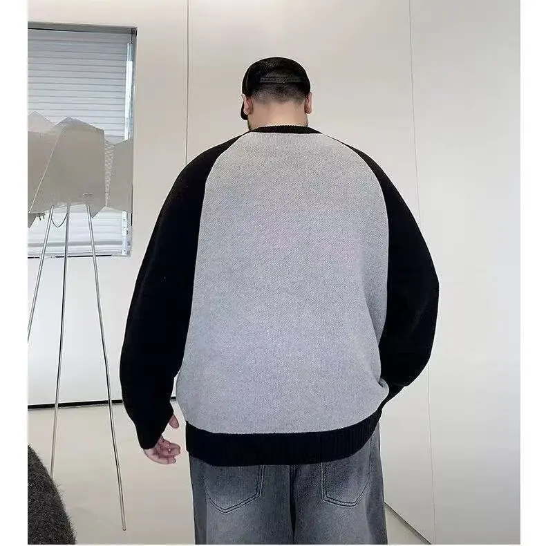 

Мужской свитер свободного кроя с круглым вырезом, имитация двухслойности, большие размеры, вязаная одежда, модный бренд, осенне-зимняя повседневная одежда