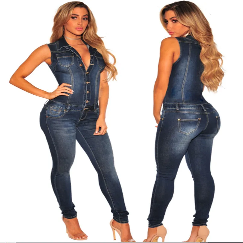 

Women New Fashion Clothing Solid Color Lapel Sleeveless Denim Hip Lift Slim Thin Jumpsuits Pants Overall High Waist