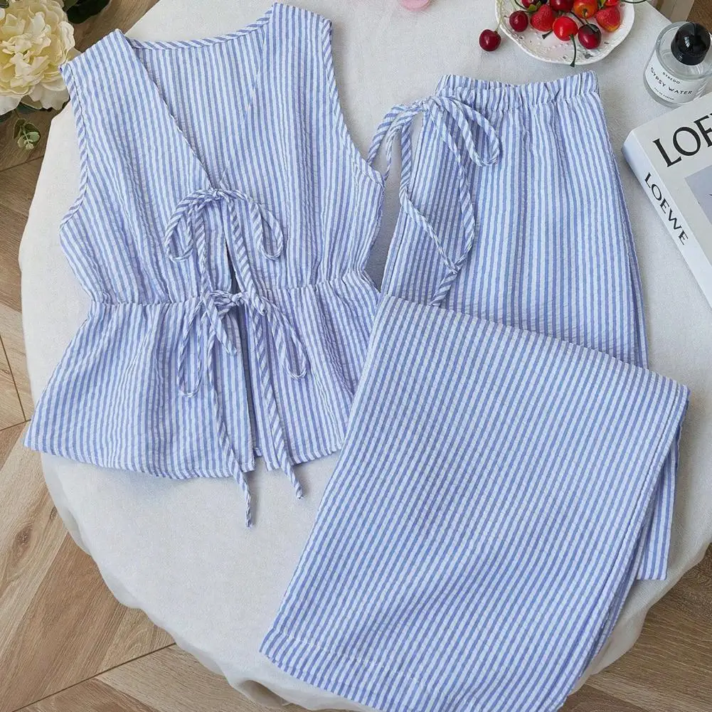

Women's Summer Casual Striped 2 Piece Outfits Tie Front Ruffle Lightweight Sleeveless Tank Top And Wide Leg Pants Lounge Sets