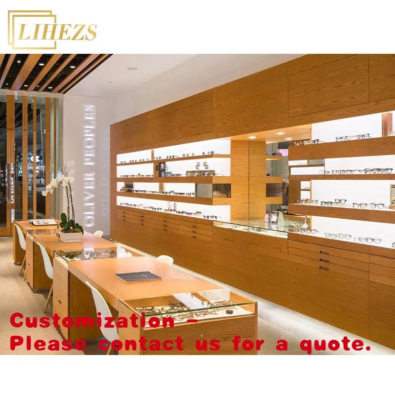 

Современный дизайн интерьера оптического магазина: витрина-стенд, деревянная стойка, демонстрационный шкаф для оптики, производство на заказ