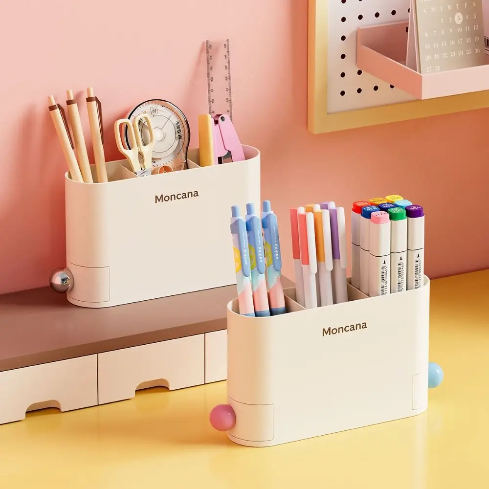 3 Grids Desktop Pen Holder with Drawers Large Capacity Makeup Storage Box Plastic Creative Stationery Storage Rack School