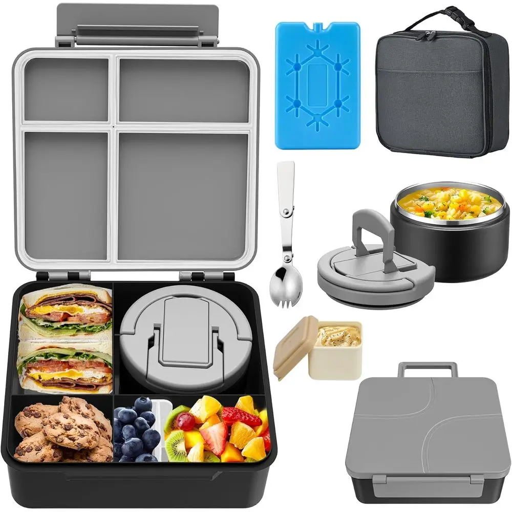 Lunchbox-Set mit Suppen-Thermobehälter, Auslaufsicherer 4-Komponenten-Lebensmittelbehälter, Saucenbecher, Kühlakku, Lunch-Tasche, Isolierter Speisebehälter für Sc