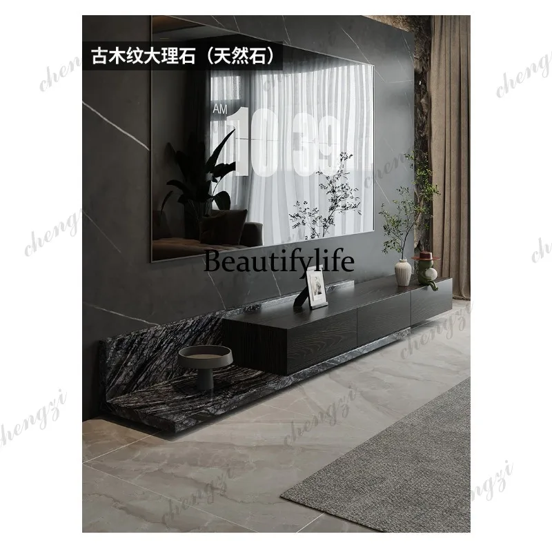 Italian minimalist marble TV cabinet telescopic floor cabinet floor natural luxury stone TV cabinet
