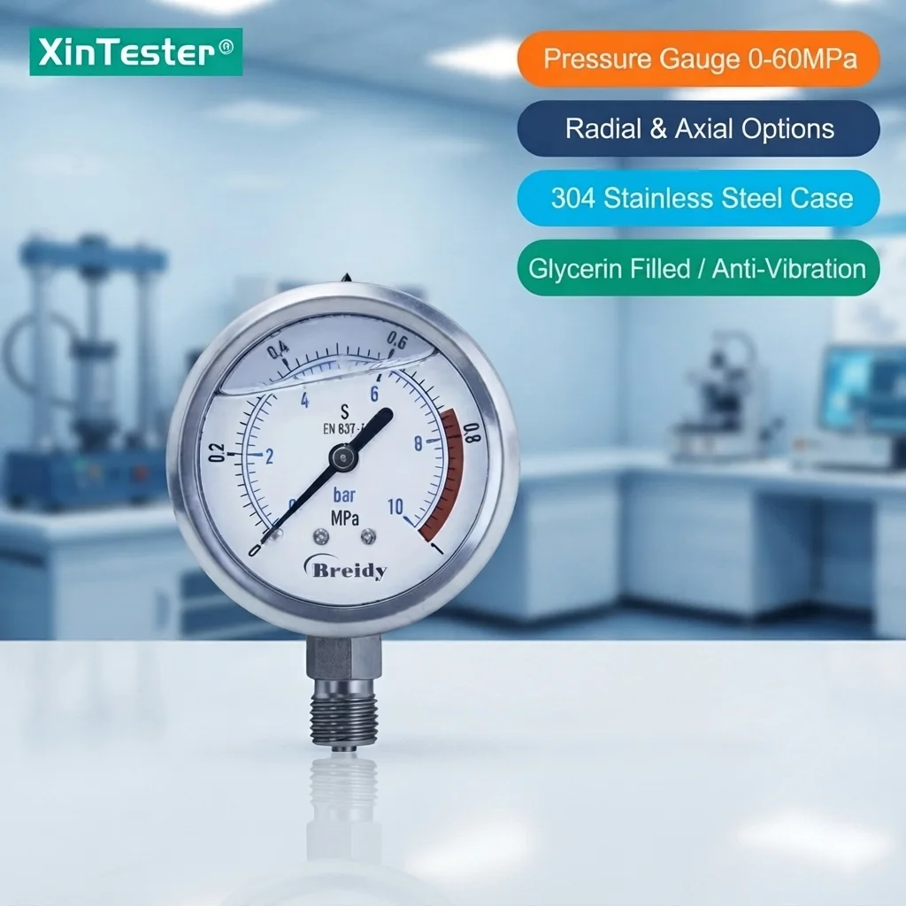 Xin Tester YN60BF Glycerin Filled Pressure Gauge 60mm G1/4 G1/2 Radial Axial 0-60MPa 304 Stainless Hydraulic Manometer