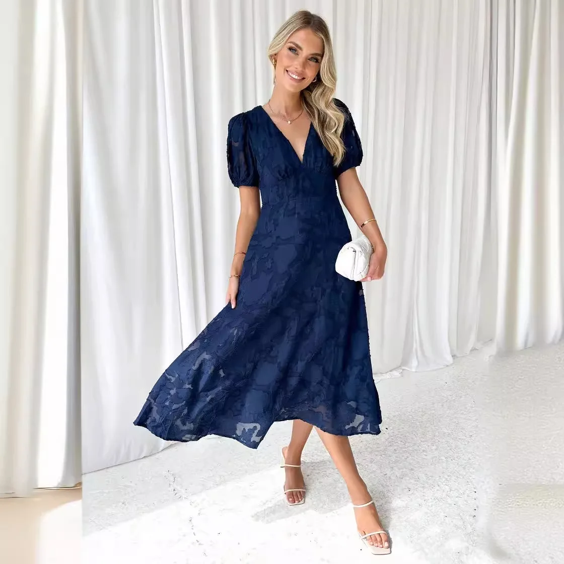 European and American Summer Dresses Flowers, Lace, Short Sleeves High Waist and A-shaped Elegant Parties Long Skirts and Women.