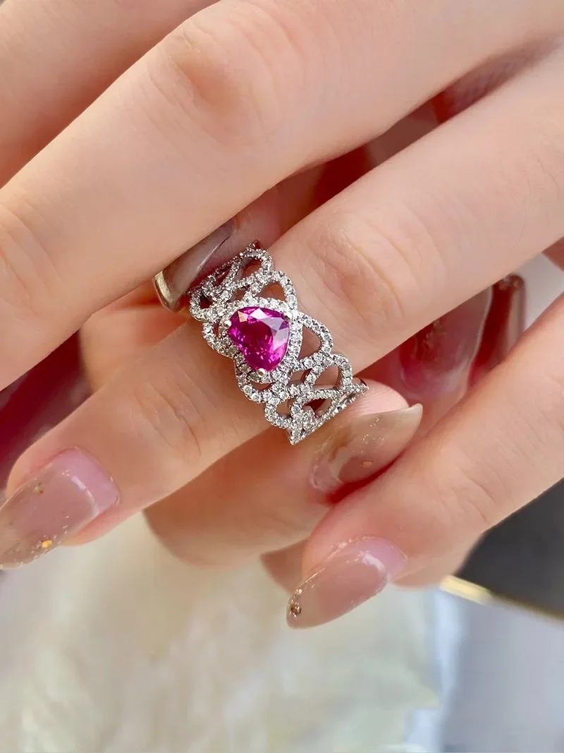 Fashion 925 Sterling Silver Red Heart Simulated Diamond Ring Simple Thin Rings for Women Cute Girl Gift Jewelry