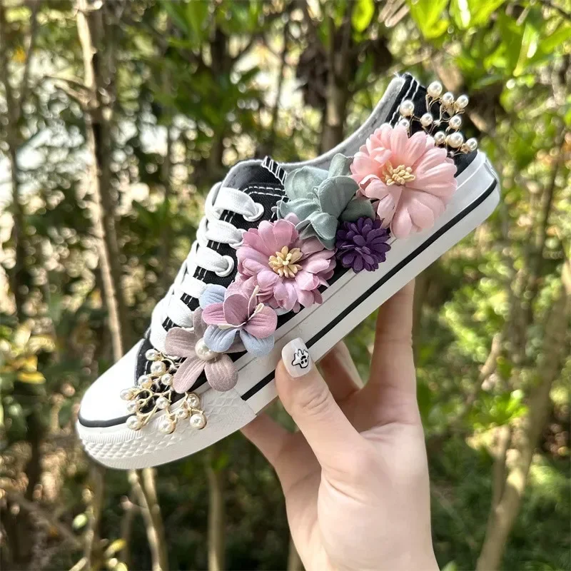 AJGS Spring Summer Canvas Shoes 2024 Spring Parent-child 3D Flower Girls Canvas Shoes Women Sneakers Lady Casual Shoes Single