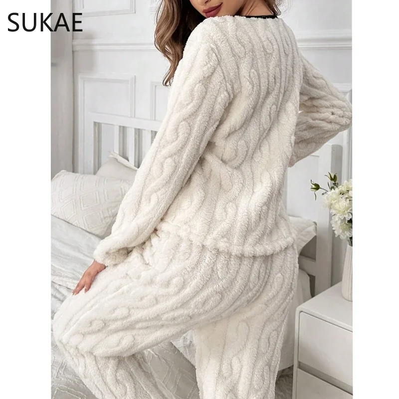 Warm Winter Women Pajamas Set Jacquard Fluffy Lady Sleepwear Elegant Plain White V-neck Lapel Thermal Pijamas Casual Nightwear