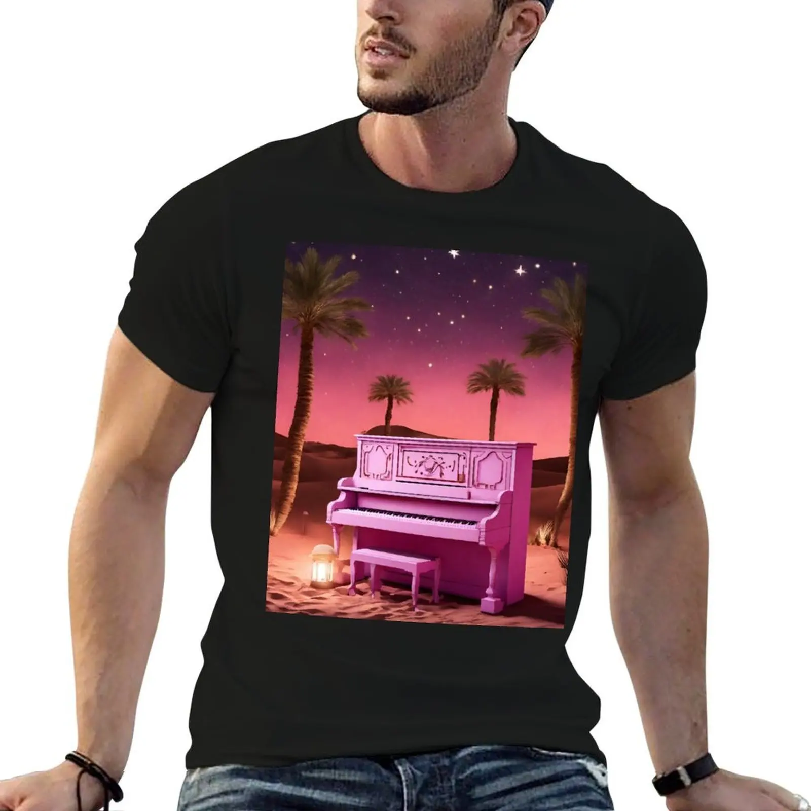 Piano in the Egyptian desert with Pyramids, jungles, lanterns, ancient Rome T-Shirt