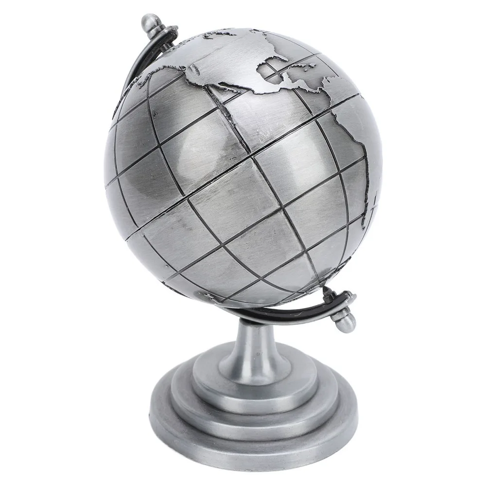 1pcs Stylish Metal Stand Rotating Globe 360 Degree Rotation Gray Globe Adornment Metal Globe Home Decor