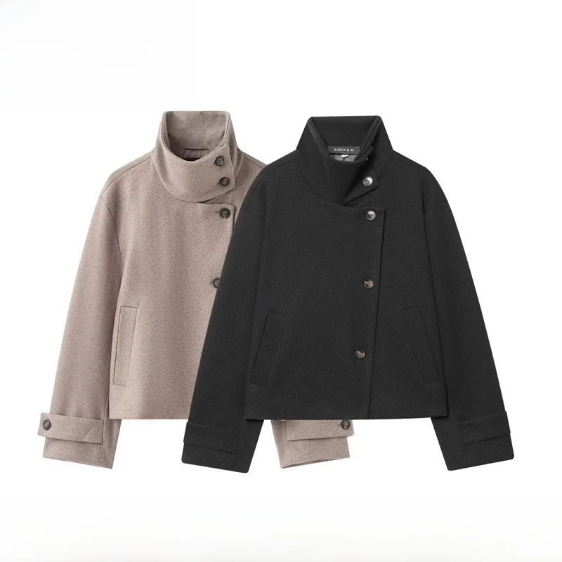 

EVEA New Women's Faionable Stand Collar Coat Warm Polyester Fiber Long Sve Pure Color Double Button Closure Daily Wear