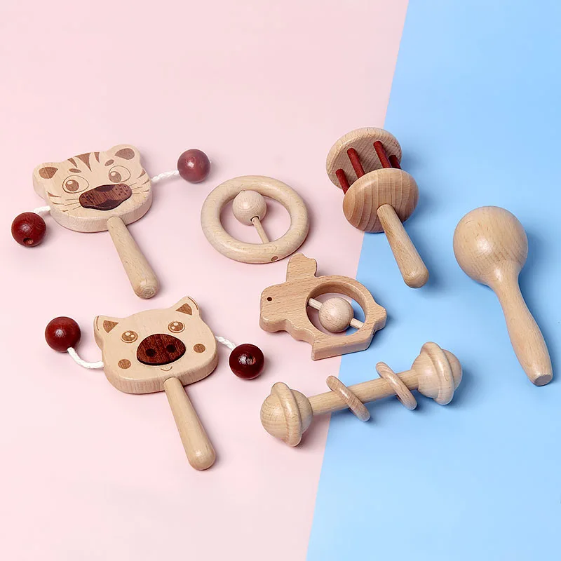 

Infants Baby Grasp Wooden Rattle Newborns Nibbling Baby Soothing Toy Set Wood Hand Bell Toys