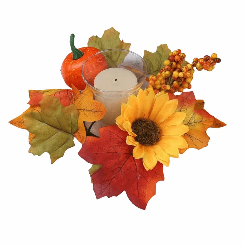 

Artificial Maple Leaf Candlestick Garland Handmade Festive Candle Ring Wreath Multifunctional Centerpiece Autumn Floral Garland