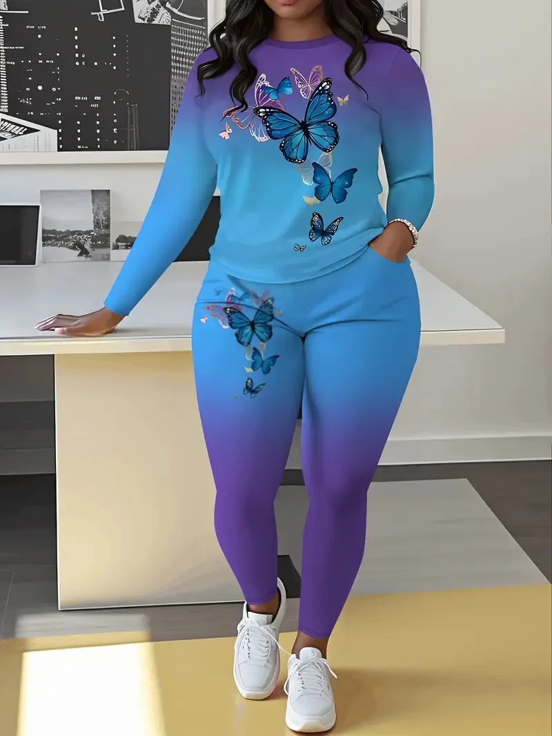 

Women's Casual Gradient Butterfly Print Pants Suit, Fashionable Plus Size Casual Women's Clothing