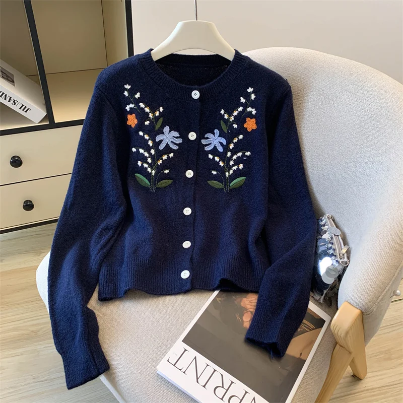 

Faionable Embroidered Flower Knitted Open Cardigan Sweater Women's Unique Beautiful Top Spring Autumn Winter Straight Tube ...