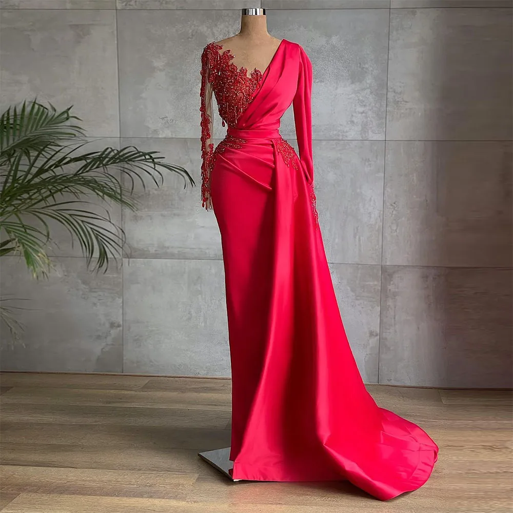 

On Zhu Luxury Beading Crystal Tassel Satin Mermaid Prom Dresses O-Neck Long Sleeves Evening Gown Pleats Dubai Women Party Gown