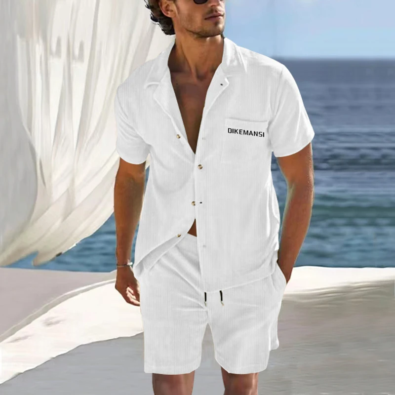 Men's corduroy cardigan button top shorts set summer pocket two-piece set men's dikemansi