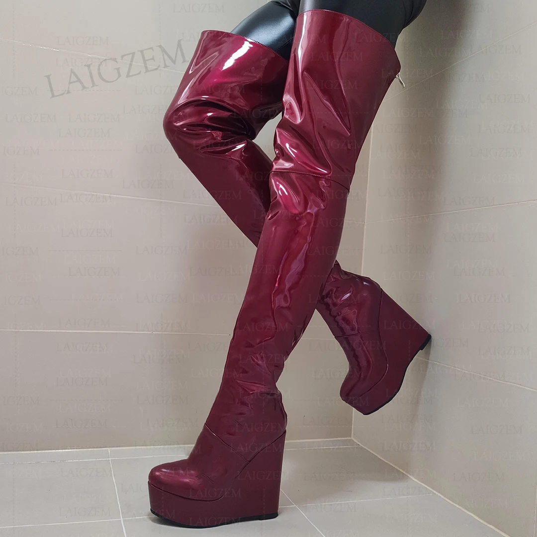 

LAIGZEM Women Thigh High Boots Round Toe Back Zip Up Boots Wedges Full Zipper Boots Over Knee Shoes Woman Big Size 38 42 44 52