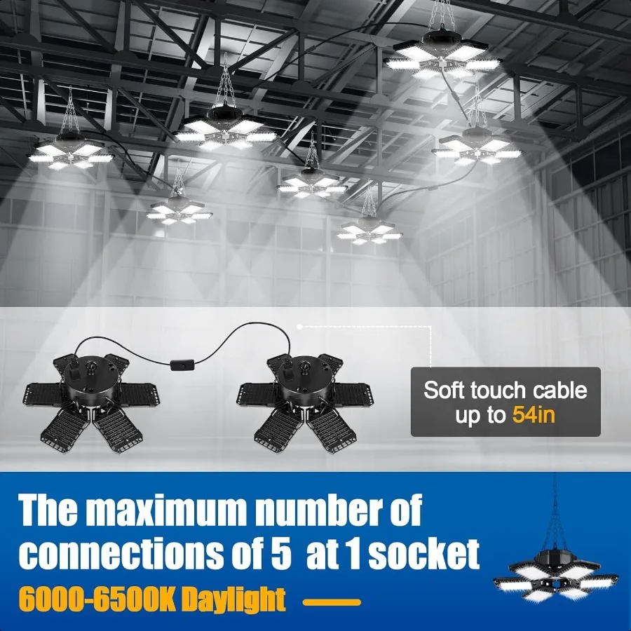 Luces LED para garaje, paquete de 2, 180W, 18000LM, 6500K, luz Led para tienda con 6 + 1 paneles deformables, luz de techo para tienda de almacén y granero en sótano