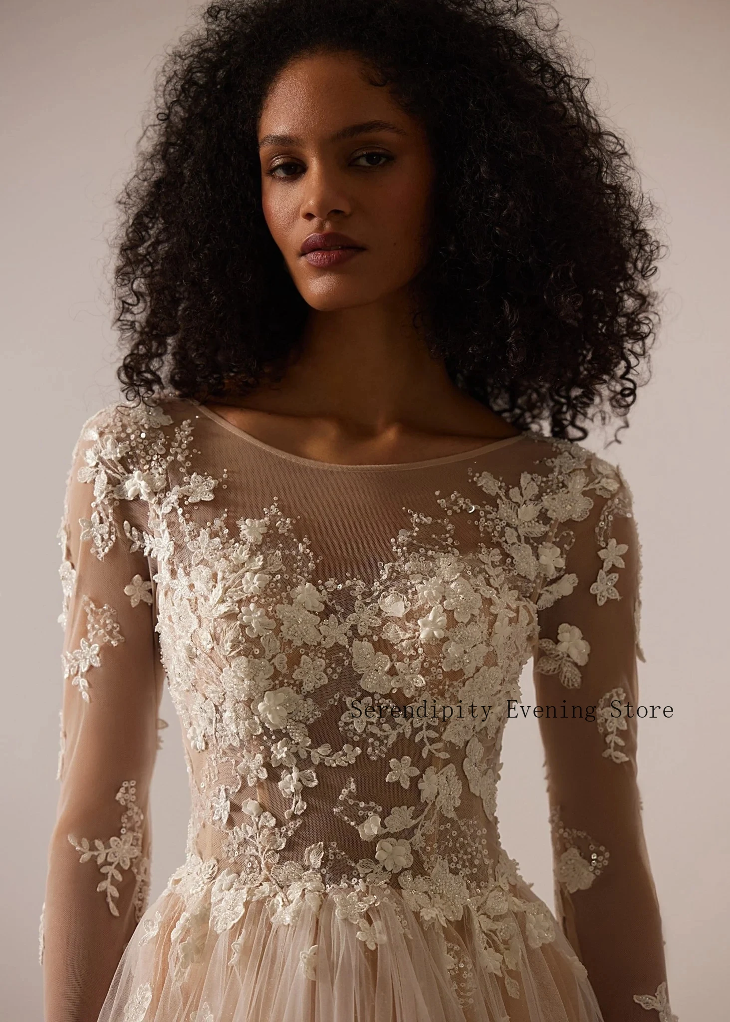 Customized Champagne Lace Wedding Dresses 2026 Florals Appliques Romantic Bridal Ball Gown Long Sleeves Beaded Wedding Dress