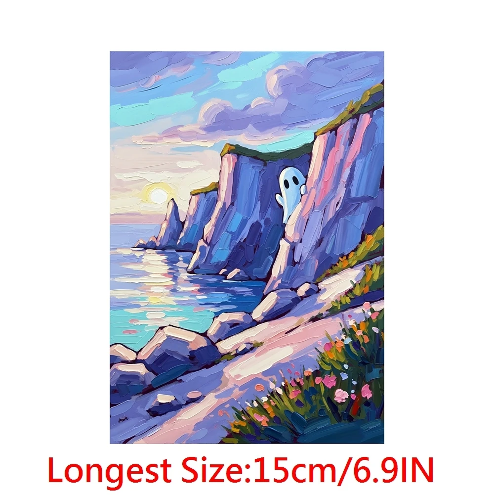 15cm Whimsical Ghost Hide In Landscape Oil Painting Diy DTF Heat Transfer Sticker T-shirt Clothes Decal Iron On Transfer Sticker