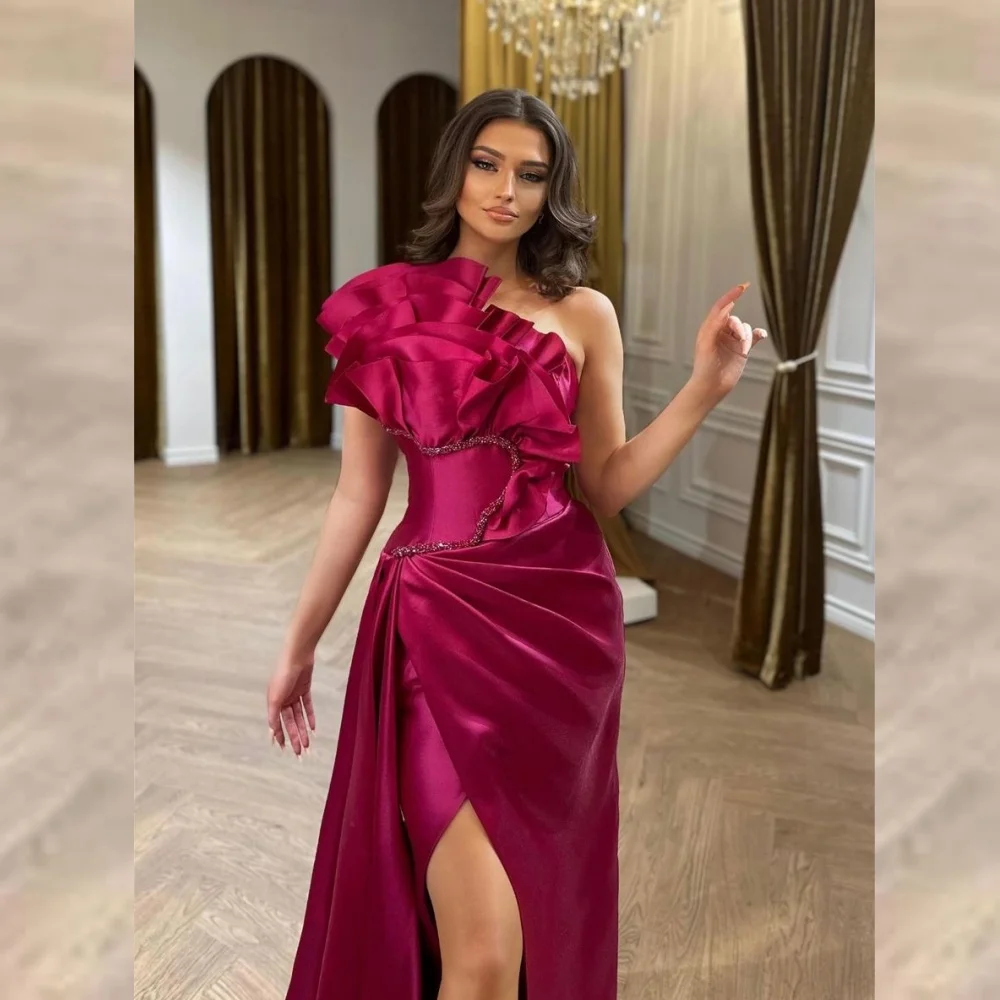 Satin Pleat Ruched Sequined Valentine's Day A-line Strapless Bespoke Occasion Gown Long Dresses