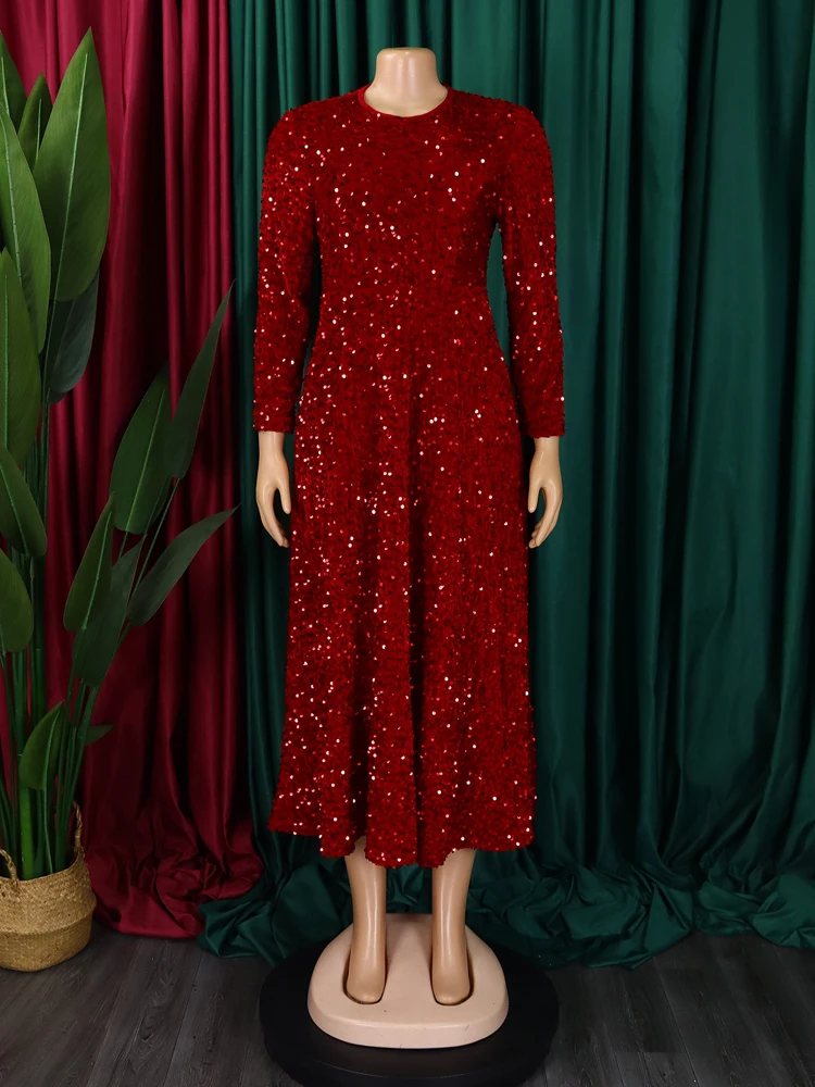 2024 Vintage-Mode Pailletten Frauen Kirche Swing Kleider Lange Hülse O-ansatz Hohe Taille Elegante Glitter Bankett Party Abendkleid – Detail 14