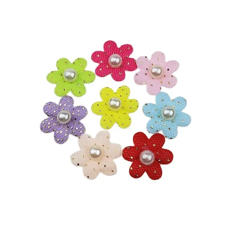 100 Stück, 2 cm, glänzende Blumenapplikationen mit Perlen für Kleidung, zum Aufnähen an Hüten, als Bastelmaterial für Kopfschmuck, Haarspangen und Schleifen, als Dekorationsaufnäher. – Detail 1