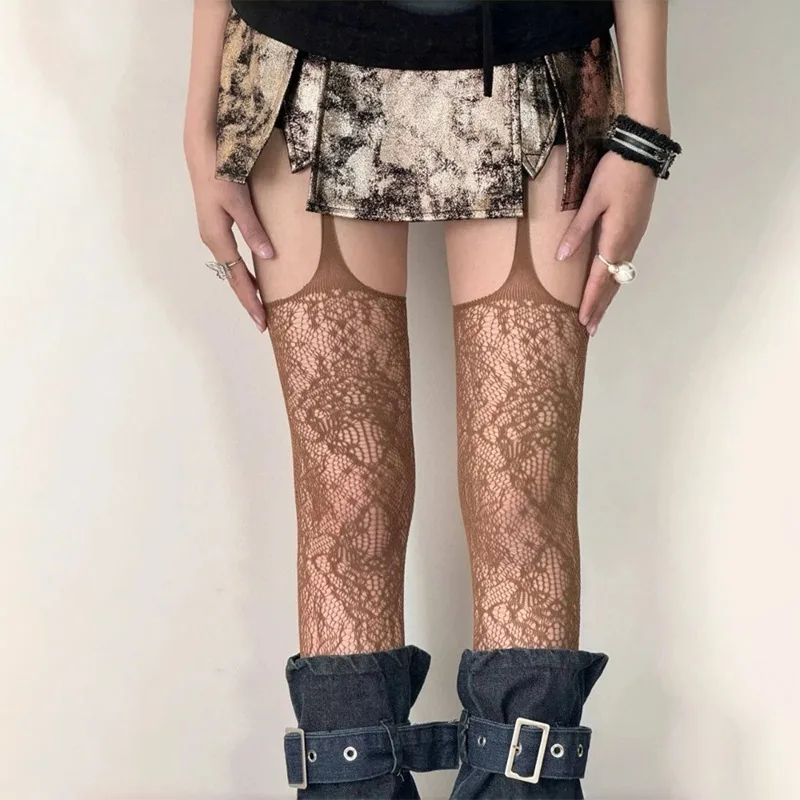 

New Print Brown Fishnet Stockings Women Sexy Coffee Hollow Out Thigh High Socks Gothic Lolita Japanese Over The Knee Long Socks