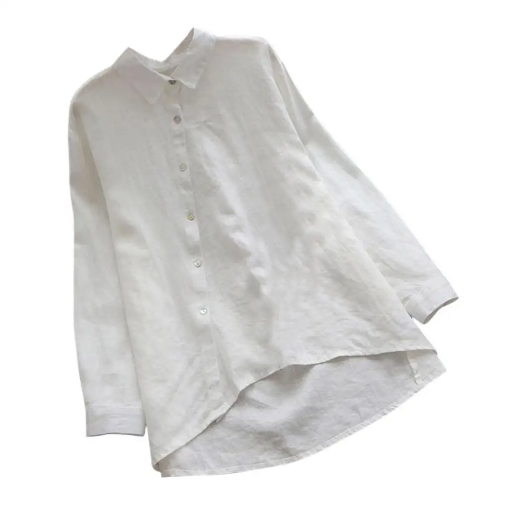 Damska koszula z bawełny i lnu, długa, luźny krój, styl casual, jednolity kolor, łączona tkanina, odporna na odkształcenia.