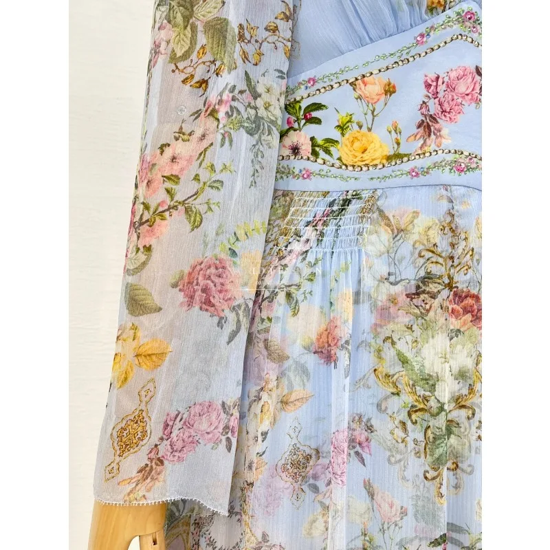 2025 New Style High Quality Silk Blue Rose Floral Print Long Sleeve Loose Midi Dress for Holiday