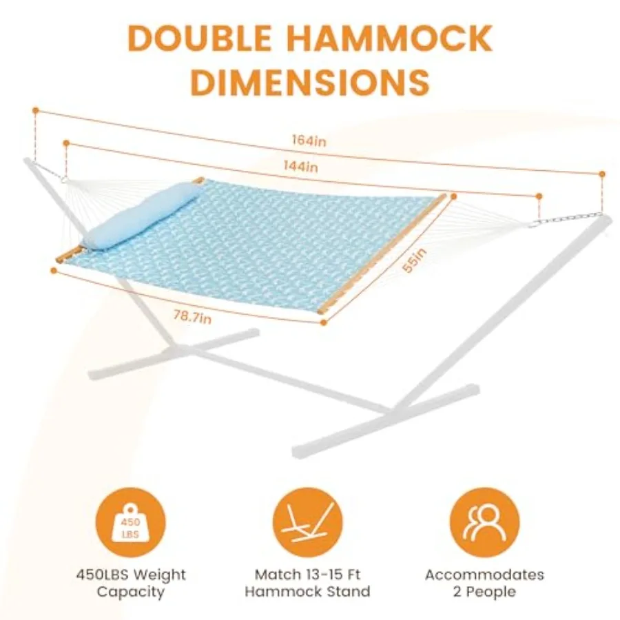 12FT Quilted Fabric Hammock with Soft Pillow Double 2 Person Tree Hammock with Spreader Bar for Outside Patio Poolside Backyard