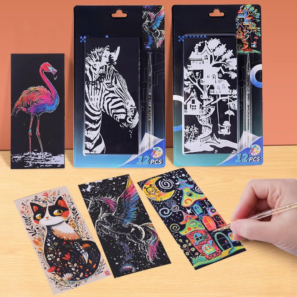 스크래치 아트 무지개 그림 책갈피 세트 - 창의 예술 및 공예 - 성인 및 어린이용, 스크래치 그림 종이 공예 세트