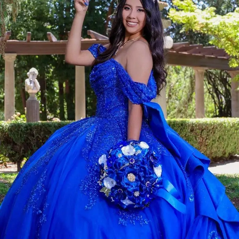 2025 Glitter Sequined ROYAL BLUE Ball Gown Quinceanera เดรสโบว์พรหมชุดผู้หญิง Vestidos De Festa ที่กําหนดเอง