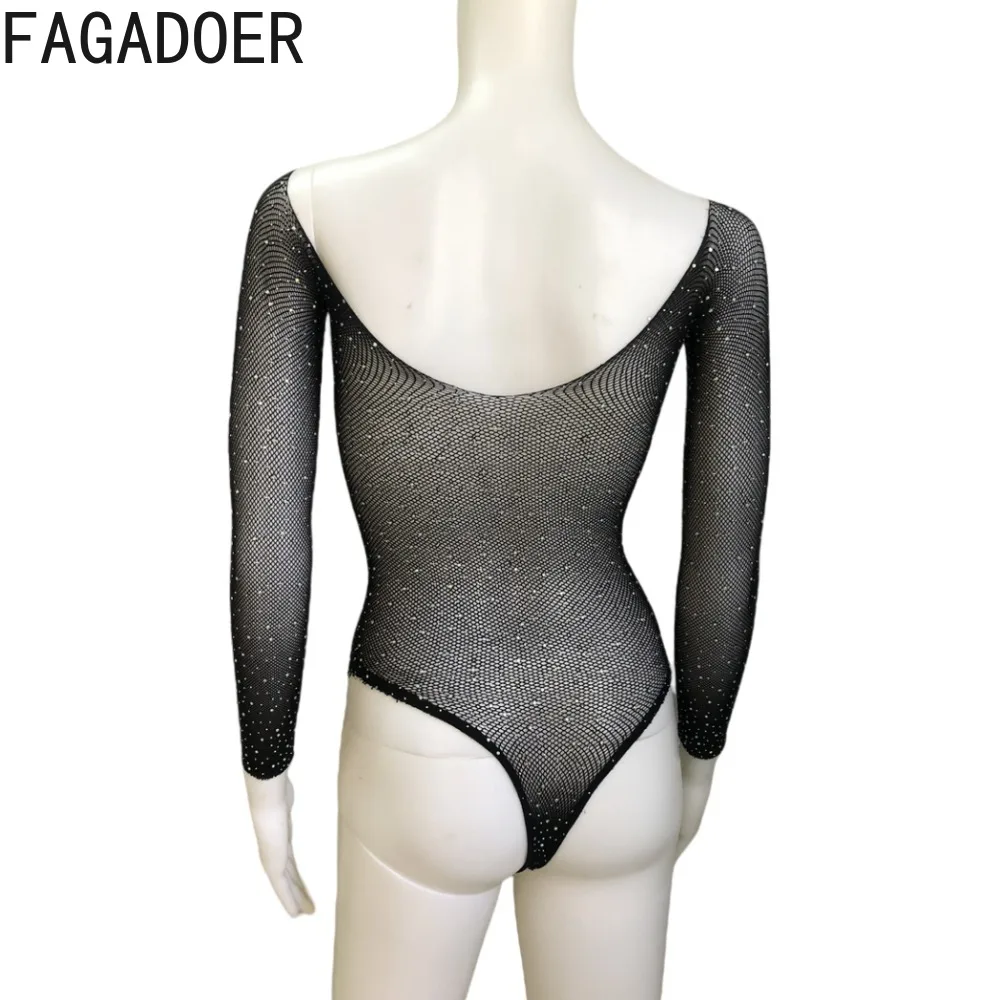 FAGADOER-bodysuit preto fora do ombro feminino, macacão de manga longa, bodycon fino geral, perspectiva diamante, moda sexy, preto