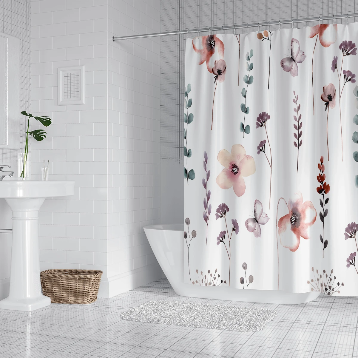 1 piece of 180x180cm pink ink floral digital printing shower curtain partition, bathroom waterproof and mold resistant