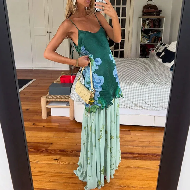 

Sexy Off Shoulder Sling Tops & Chiffon Skirt Outfit Women Elegant Pattern Print Vacation Sets Casual Sleeveless Pleat 2Pc Suits