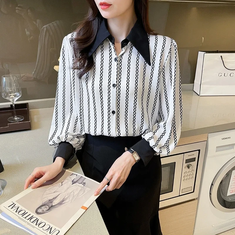 Fashion 2024 Spring New Chiffon Blouses Women\'s Striped Printed Contrast Color Polo Collar Button Loose Retro Long Sleeve Shirts