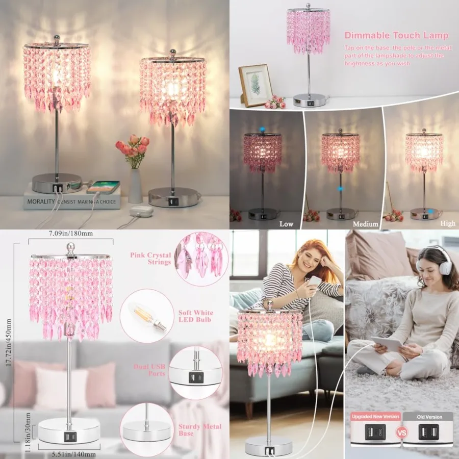 Crystal Lamps, Touch Control Crystal Table Lamp with Dual USB Charging Ports, 3 Way Dimmable Bedside Lamp Decorative Nightstand